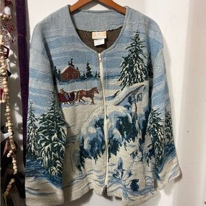 Snowy Winter Scene Zip Cardigan - Blue & Green
